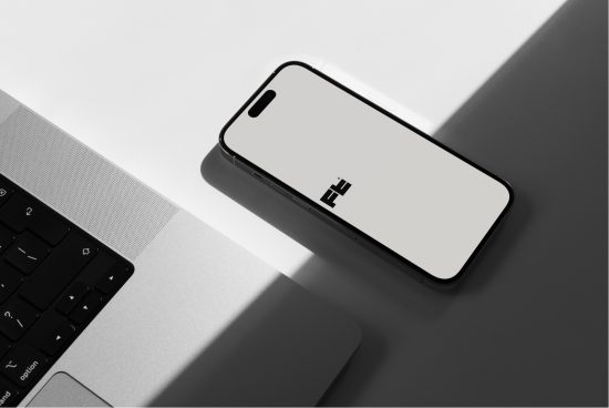 High-angle view of a smartphone mockup with a minimalist logo next to a laptop on a white surface, showcasing design.